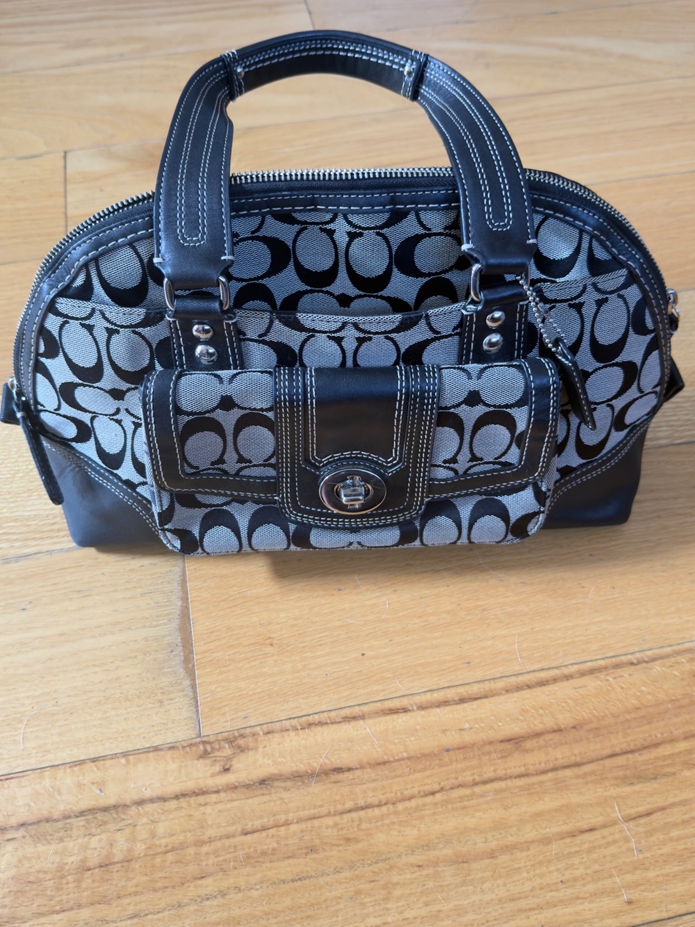 Coach Black and Gray Hamptons Signature Dome Satchel F13977 with turnlock.